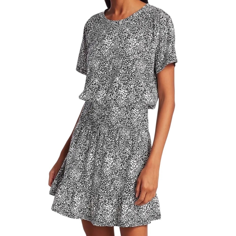 NWOT Parker Smocked Waist Ruffle Hem Dress Black White Size XS